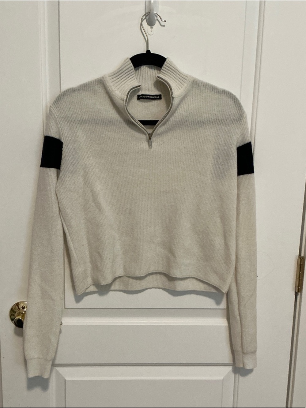 Brandy Melville Cream Half-Zip Sweater with Black Elbow Stripes